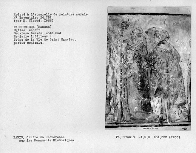 Relevé de peinture murale de la deuxième travée côté sud du choeur, partie centrale du registre inférieur : Vie d'un saint