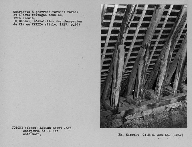 Charpente à chevrons-portant-fermes et à sous-faîtages doublés de la nef, détail inférieur côté nord