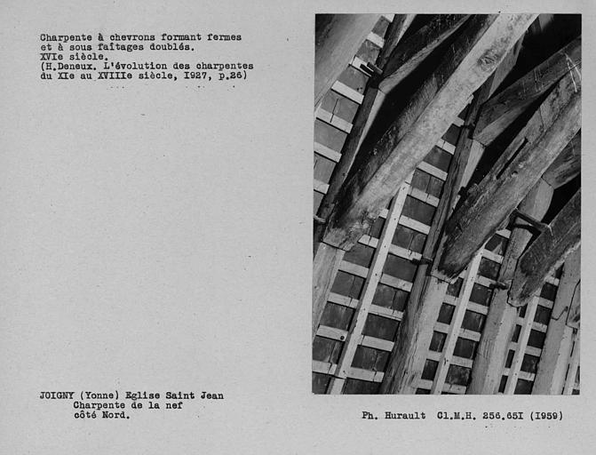 Charpente à chevrons-portant-fermes et à sous-faîtages doublés de la nef, détail supérieur côté nord