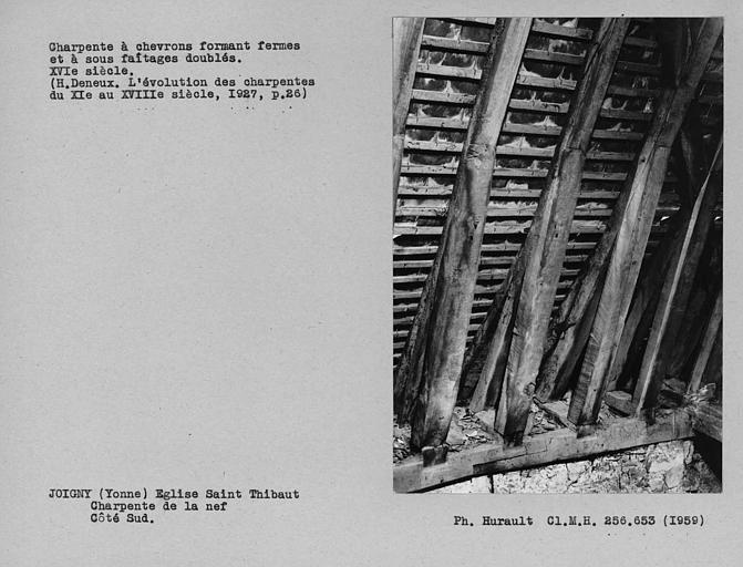 Charpente à chevrons-portant-fermes et à sous-faîtages doublés de la nef, détail inférieur côté sud