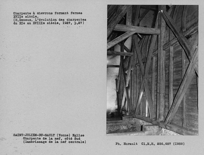 Charpente à chevrons-portant-fermes de la nef, côté sud, partie interne du lambrissage de la voûte de la nef centrale