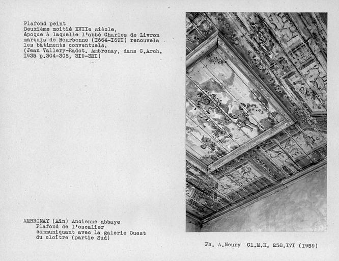 Grand escalier communiquant avec la galerie ouest du cloître, détail du plafond peint sur bois