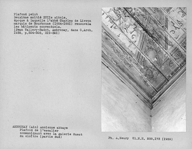 Grand escalier, détail du plafond peint sur bois