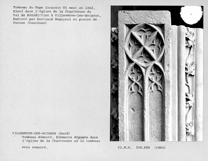 Eléments démontés du tombeau du pape Innocent VI, avant leur remontage, détail de la première assise des piliers