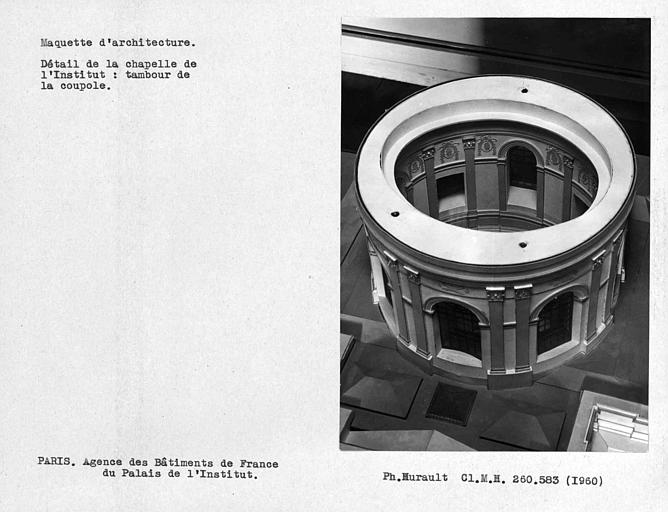 Maquette d'architecture, détail de la coupole et de la chapelle de l'institut, vue du plan-carte du tambour