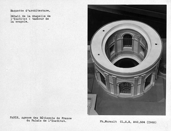 Maquette d'architecture, détail de la coupole et de la chapelle de l'institut, vue du plan-carte du tambour