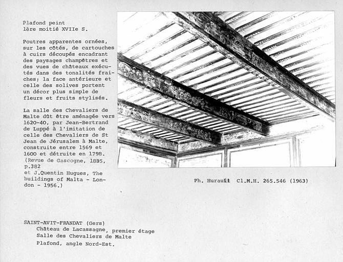 Plafond peint de la salle des Chevaliers de Malte, angle nord-est. Poutres apparentes ornées, sur les côtés, de cartouches à cuirs découpés encadrant des paysages champêtres et des vues de châteaux exécutés dans des tonalités fraiches ; La face antérieure