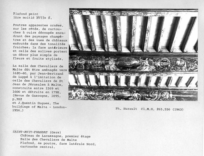 Plafond peint de la salle des Chevaliers de Malte, cartouche central de la quatrième poutre face à l'entrée. Poutres apparentes ornées, sur les côtés, de cartouches à cuirs découpés encadrant des paysages champêtres et des vues de châteaux exécutés dans d