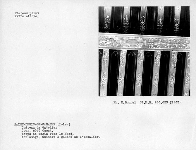 Cour intérieure nord côté ouest, plafond peint de la chambre à gauche de l'escalier au premier étage du pavillon