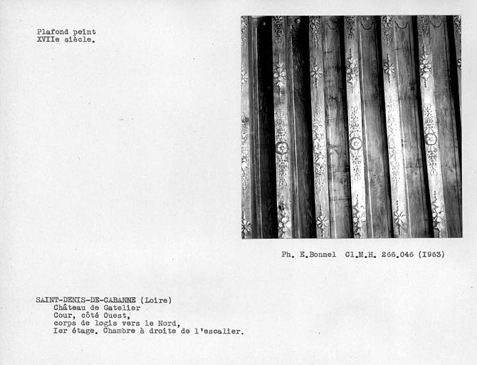 Cour intérieure nord côté ouest, plafond peint de la chambre à droite de l'escalier au premier étage du pavillon