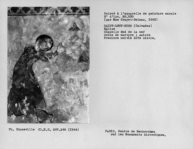 Relevé de peinture murale de la chapelle sud, scène de martyre : saint expirant