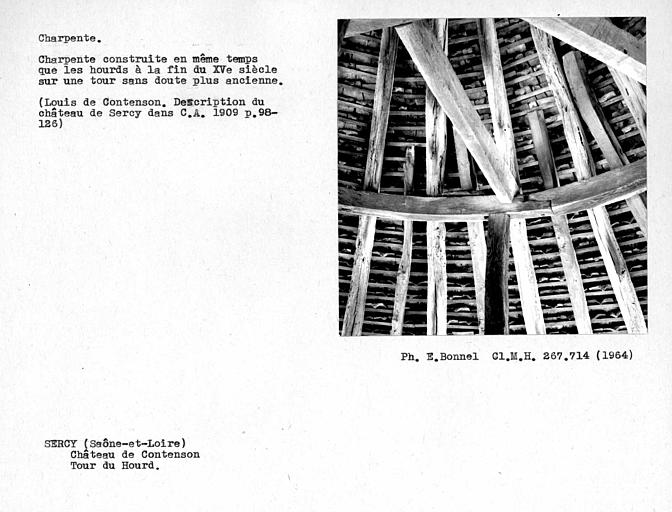 Charpente de la tour du Hourd. Chevrons et voliges de la toiture de la tour, angle sud-est