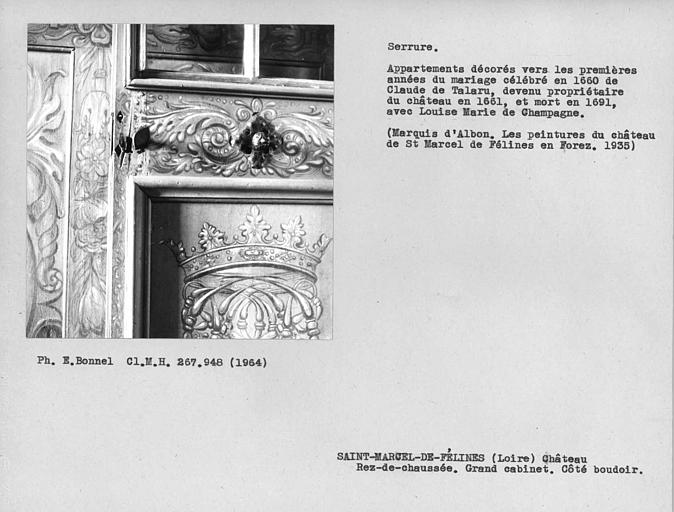 Salon dans l'aile est ou grand cabinet, serrure et bouton du vantail vitré de la porte du boudoir