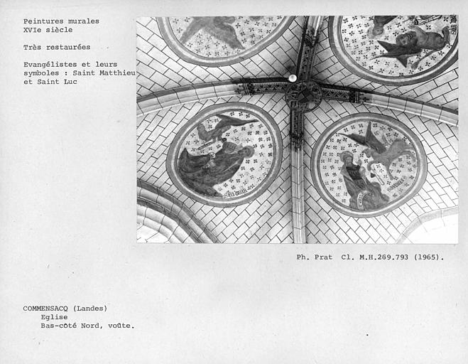 Voûte du bas-côté nord, peintures murales des évangélistes et leurs symboles : Saint-Mathieu et Saint-Luc