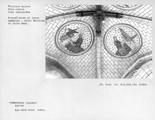 Voûte du bas-côté nord, peintures murales des évangélistes et leurs symboles : Saint-Mathieu et Saint-Jean