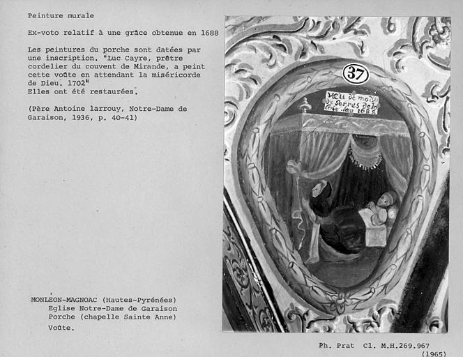 Ex-voto peint de la voûte du porche: homme malade et femme priant, 1688 date du miracle