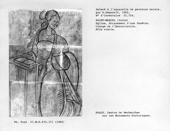 Relevé de peinture murale de l'ébrasement d'une fenêtre sud : Vierge d'Annonciation