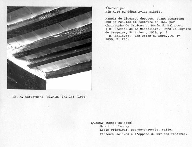 Plafond à poutres peintes de la grande salle du rez-de-chaussée, détail de solives à l'opposé des fenêtres