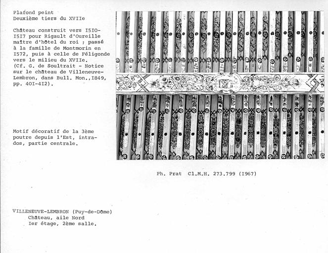 Aile nord. Détail du plafond peint de la deuxième salle au premier étage. Motif décoratif de la troisième poutre depuis l'est, intrados, partie centrale