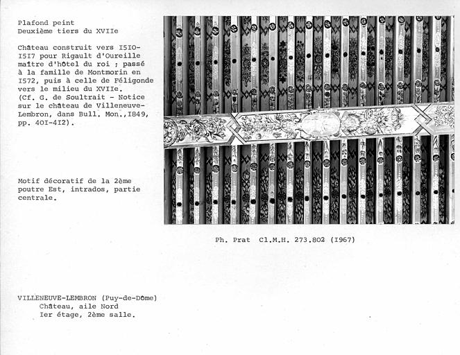 Aile nord. Détail du plafond peint de la deuxième salle au premier étage. Motif décoratif de la deuxième poutre depuis l'est, intrados, partie centrale