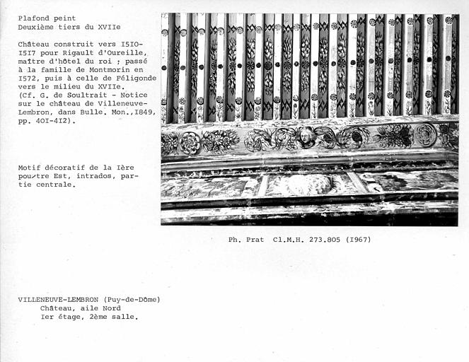 Aile nord. Détail du plafond peint de la deuxième salle au premier étage. Motif décoratif de la première poutre depuis l'est, intrados, partie centrale