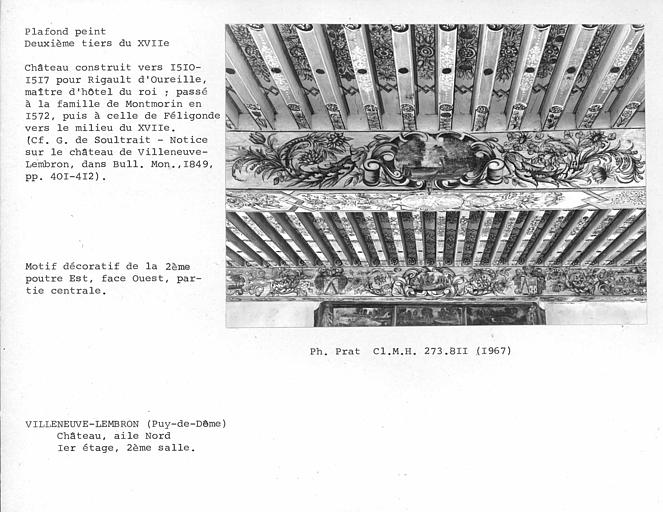 Aile nord. Détail du plafond peint de la deuxième salle au premier étage. Motif décoratif de la deuxième poutre est, face ouest, partie centrale