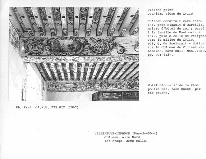 Aile nord. Détail du plafond peint de la deuxième salle au premier étage. Motif décoratif de la deuxième poutre est, face ouest, partie gauche