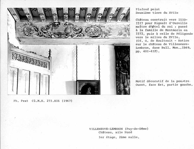 Aile nord. Détail du plafond peint de la deuxième salle au premier étage. Motif décoratif de la poutre ouest, face est, partie gauche