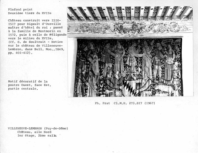 Aile nord. Détail du plafond peint de la deuxième salle au premier étage. Motif décoratif de la poutre ouest, face est, partie centrale