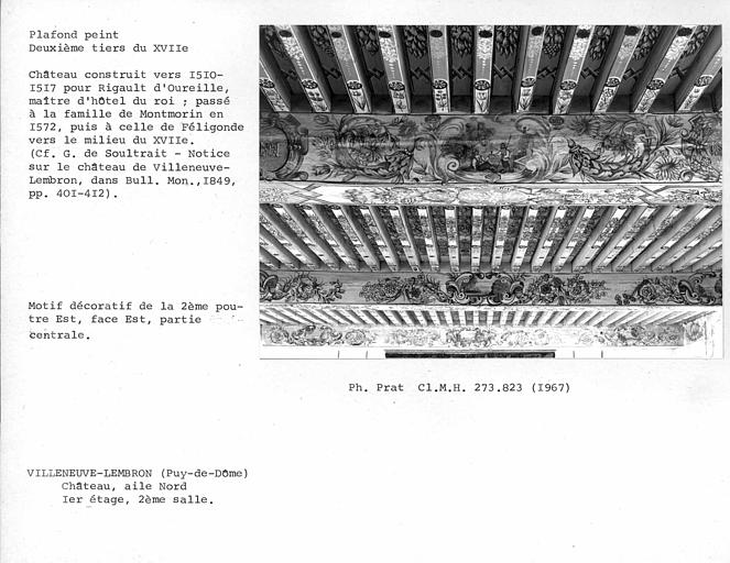 Aile nord. Détail du plafond peint de la deuxième salle au premier étage. Motif décoratif de la deuxième poutre est, face est, partie centrale