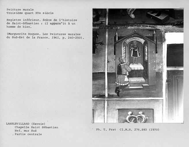Peintures murales de la moitié est du mur sud de la nef, Légende de Saint-Sébastien, registre inférieur : Saint-Sébastien apparaît à un riche bourgeois
