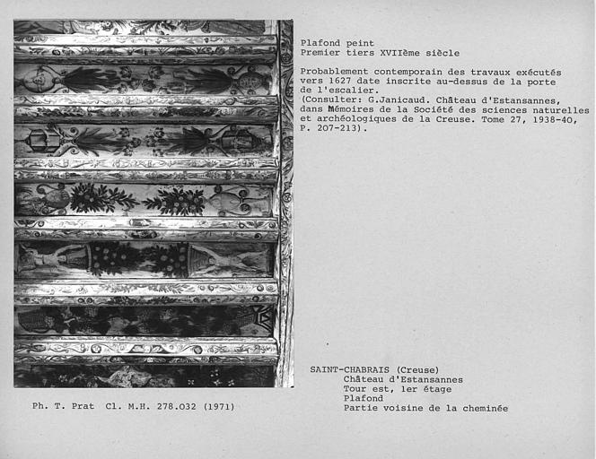 Plafond peint du premier étage de la tour, détail de la partie entre la poutre centrale et la cheminée