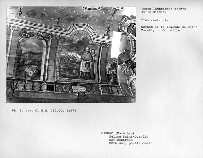 Charpente lambrissée peinte de la nef centrale, restaurée, extrémité ouest, côté sud : Saint-Cornely sauve un navire