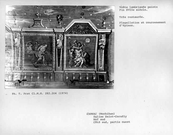 Charpente lambrissée peinte de la nef sud, restaurée, partie ouest, côté sud : Flagellation de Jésus et son Couronnement d'épines