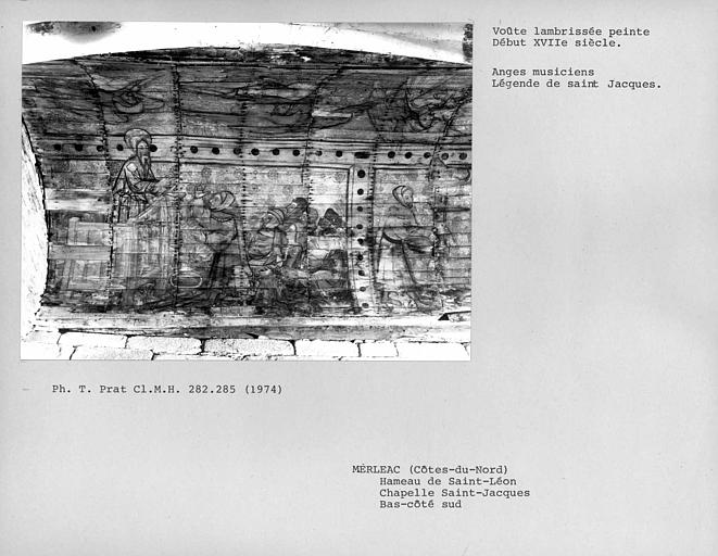 Charpente lambrissée peinte du bas-côté sud de la nef, côté sud : Histoire de Saint-Jacques, première scène depuis l'est : sa prédication