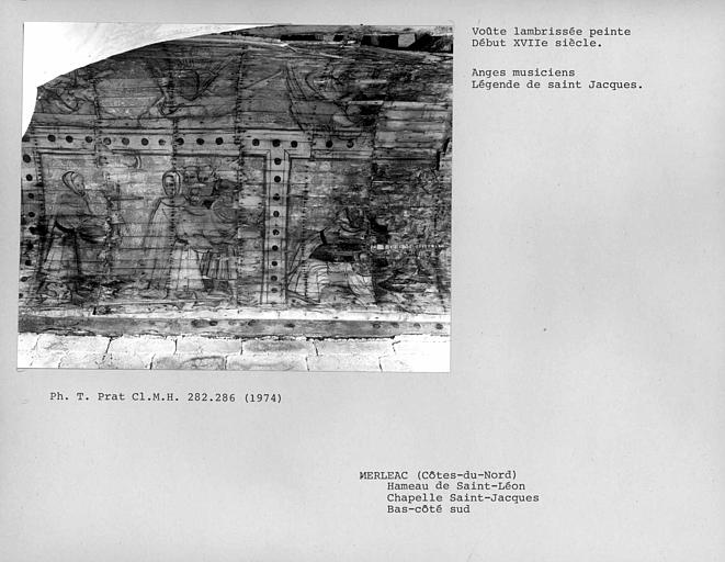 Charpente lambrissée peinte du bas-côté sud de la nef, côté sud : Histoire de Saint-Jacques, deuxième et troisième scènes