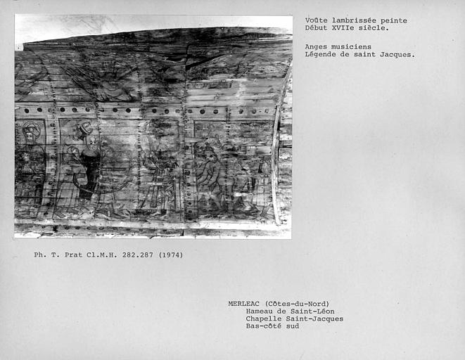 Charpente lambrissée peinte du bas-côté sud de la nef, côté sud : Histoire de Saint-Jacques, quatrième scène et partie de la cinquième scène