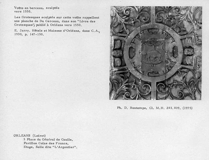 Voûte en berceau sculptée de la salle dite l'Argentier à l'étage du bâtiment, Grotesques sculptés rappelant une planche de Du Cerceau dans son Livre des Grotesques