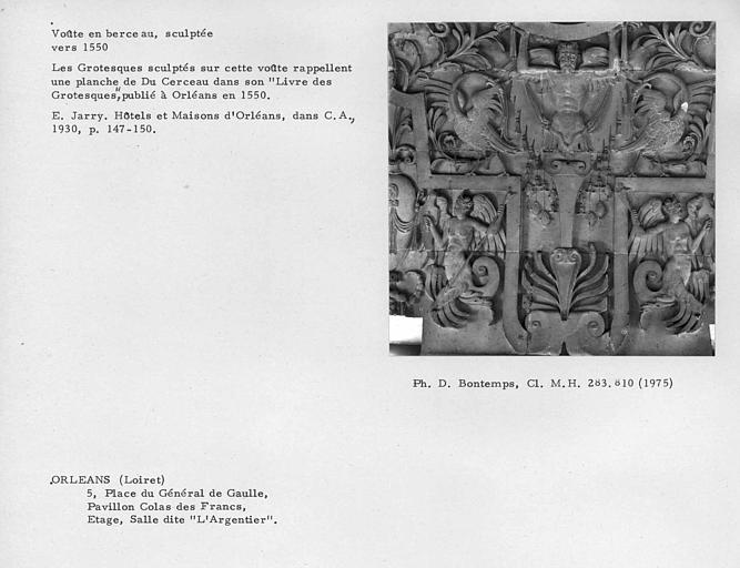 Voûte en berceau sculptée de la salle dite l'Argentier à l'étage du bâtiment, Grotesques sculptés rappelant une planche de Du Cerceau dans son Livre des Grotesques