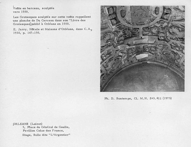 Voûte en berceau sculptée de la salle dite l'Argentier à l'étage du bâtiment, Grotesques sculptés rappelant une planche de Du Cerceau dans son Livre des Grotesques