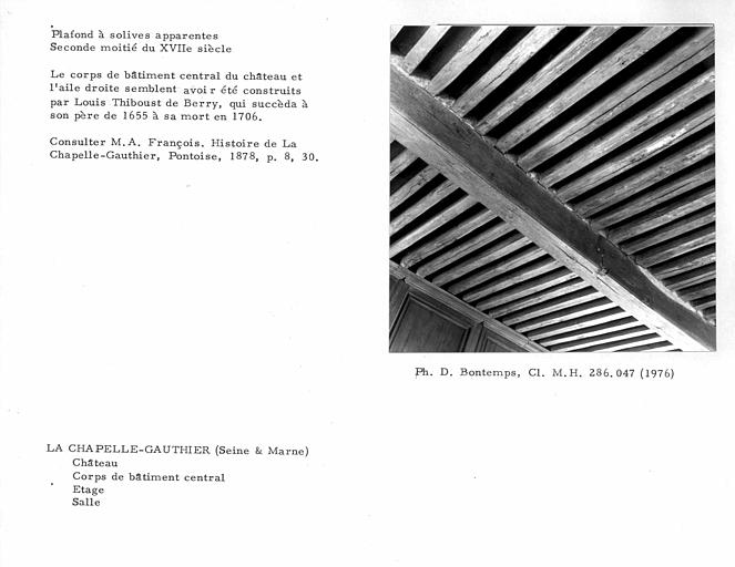 Plafond à solives apparentes de la pièce gauche au premier étage du corps de bâtiment central