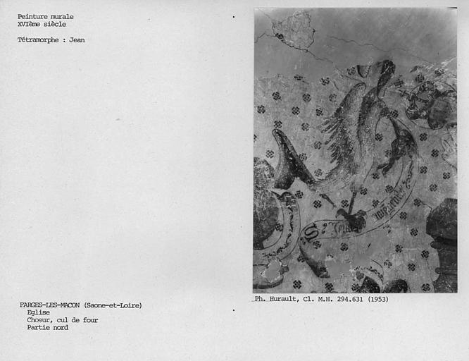 Détail de la peinture murale sur la partie nord du cul de four du choeur : tétramorphe, l'aigle de Jean