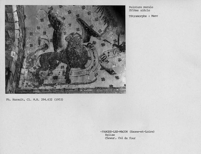 Détail de la peinture murale sur la partie nord du cul de four du choeur : tétramorphe, le lion de Marc