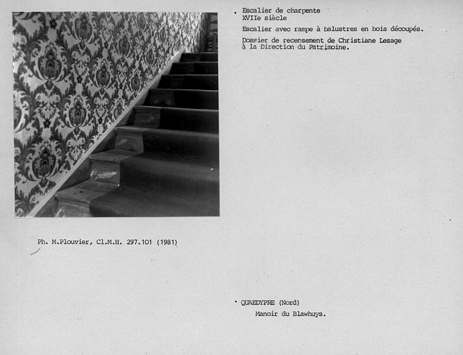 Détail des marches de l'escalier avec rampe à balustres en bois