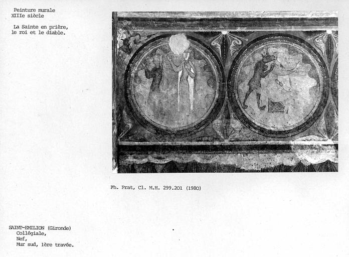 Première travée du mur sud de la nef : Légende de Sainte-Catherine, la Sainte en prière, le roi et le diable