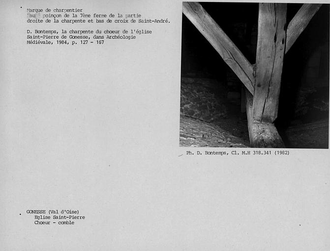 Charpente du choeur, partie droite, face nord du faux-poinçon et du bras de croix de la ferme maitresse n°7