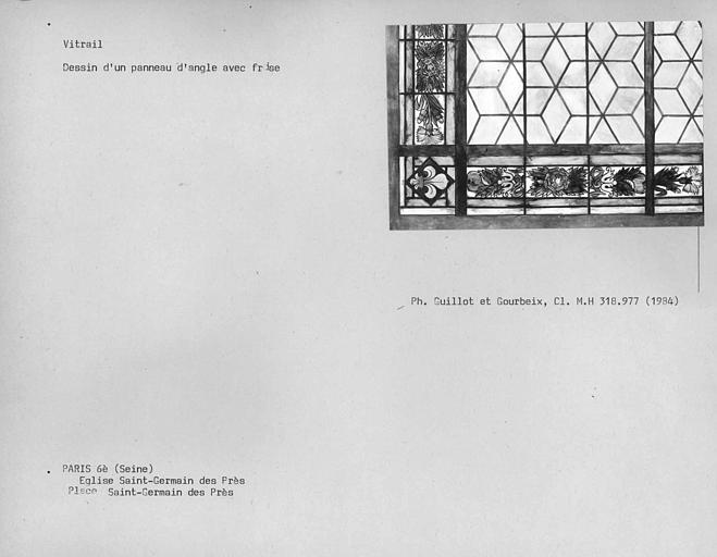 Dessin de vitrail, panneau d'angle avec frise