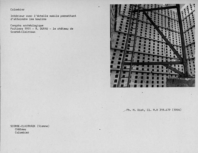 Intérieur du colombier, vue des boulins et de l'échelle tournante