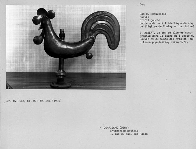 Coq moderne en cuivre du Beauvaisis, copié à l'identique du coq de l'église de Choisy-au-Bac