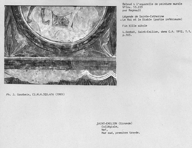 Relevé de peinture murale de la première travée du mur sud de la nef : le roi et le diable, partie inférieure